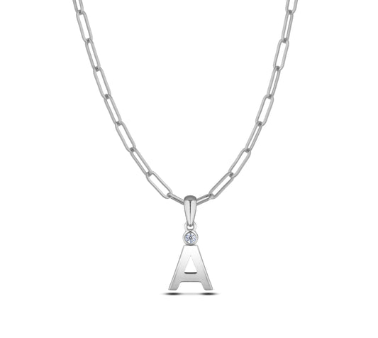 Sterling silver Canadian diamond pendant necklace featuring a black style letter A design, displayed on a matching silver paperclip chain.
