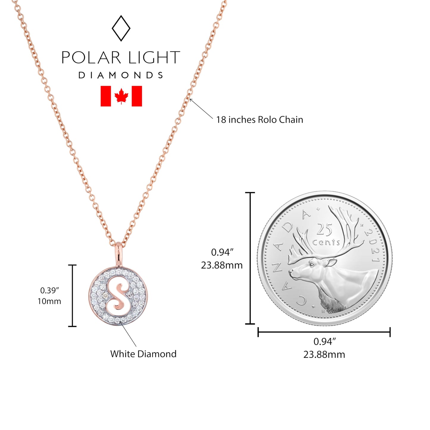 10K Gold 0.18 Cttw Pavé Canadian Diamond Alphabet Initial Pendant and Chain in Rose, White, and Yellow Gold - Choice of Alphabets