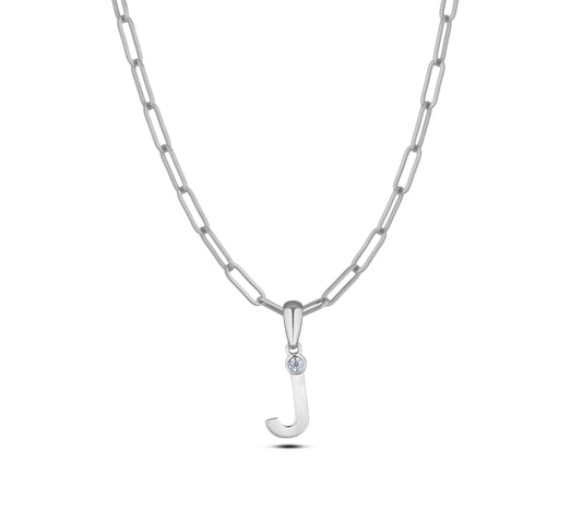 Sterling silver Canadian diamond pendant necklace featuring a black style letter J design, displayed on a matching silver paperclip chain.
