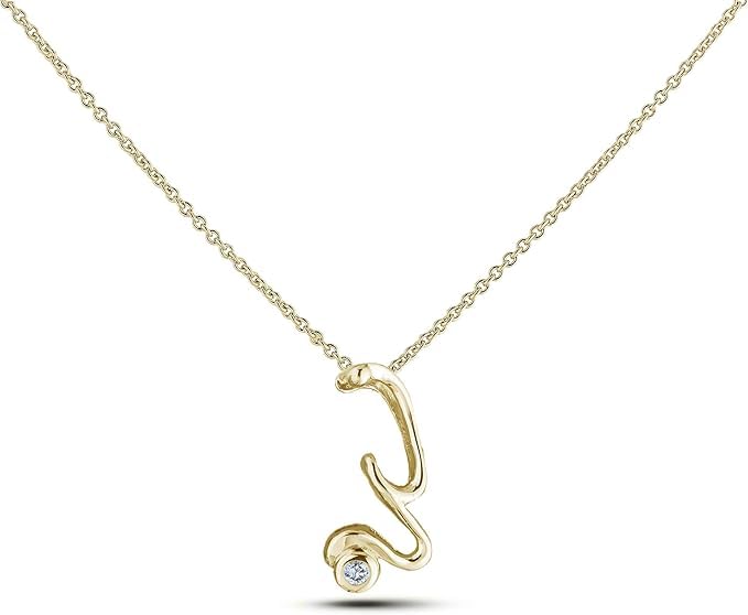 Yellow Gold Canadian diamond pendant necklace featuring a script alphabet letter V design, displayed on a matching silver rolo chain.

