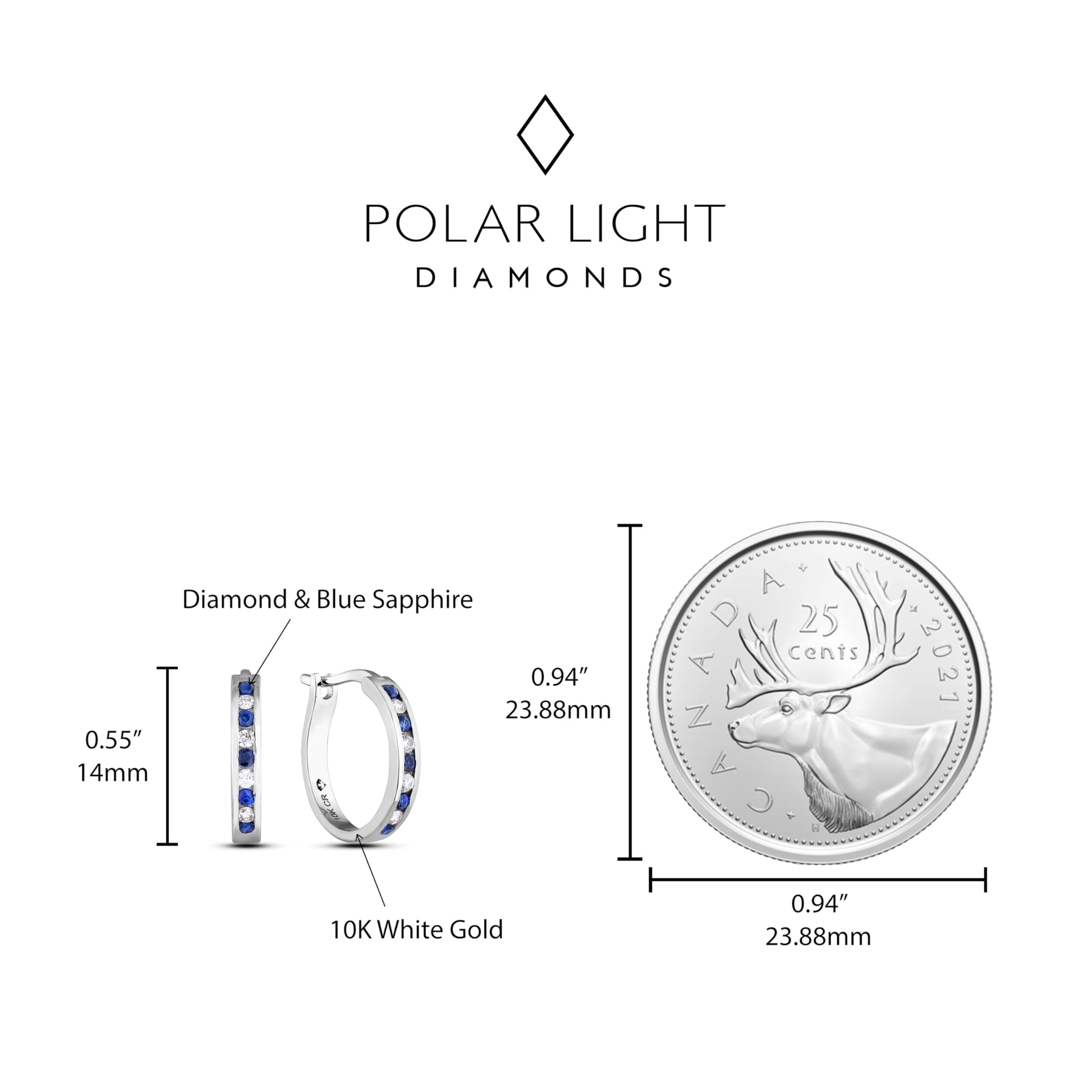Size comparison of 10K white gold hoop earrings featuring channel-set Canadian diamonds and blue sapphires, placed next to a Canadian quarter. This reference shot shows the scale of the earrings against the 23.88mm coin, highlighting the delicate, everyday size of the jewelry.