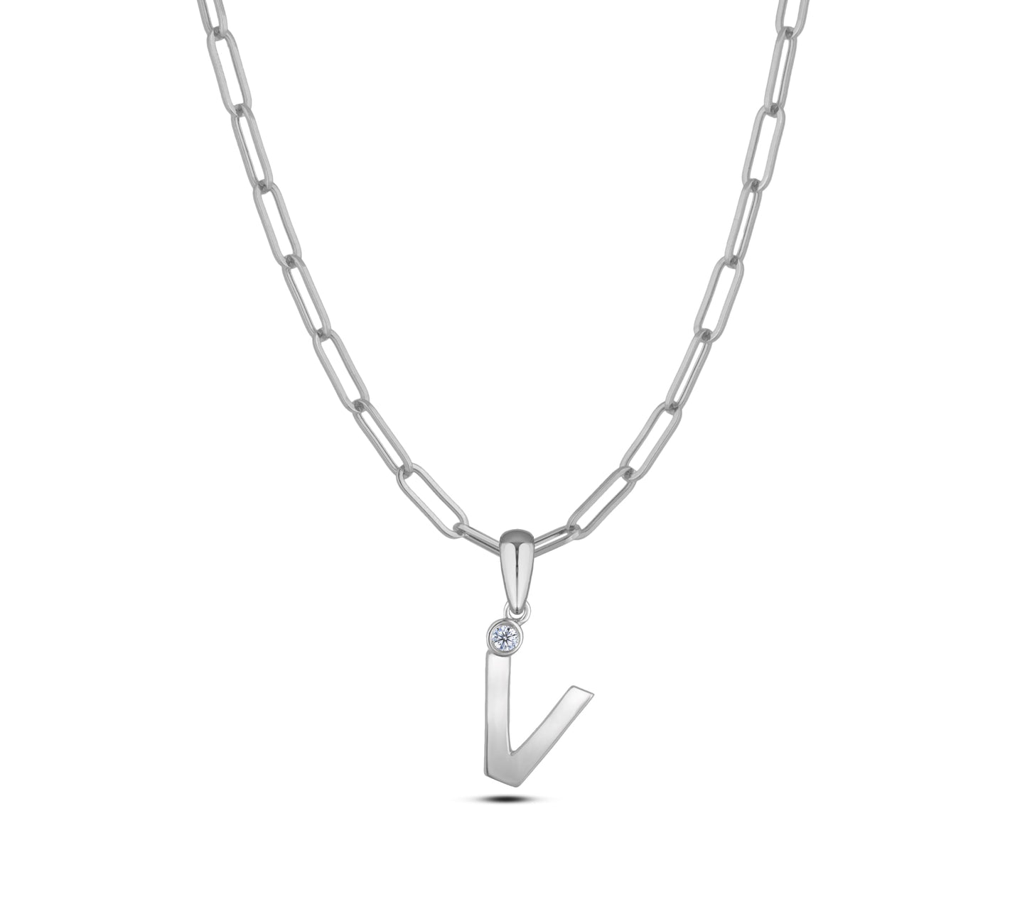 Sterling silver Canadian diamond pendant necklace featuring a black style letter V design, displayed on a matching silver paperclip chain.
