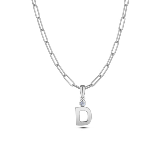 Sterling silver Canadian diamond pendant necklace featuring a black style letter D design, displayed on a matching silver paperclip chain.
