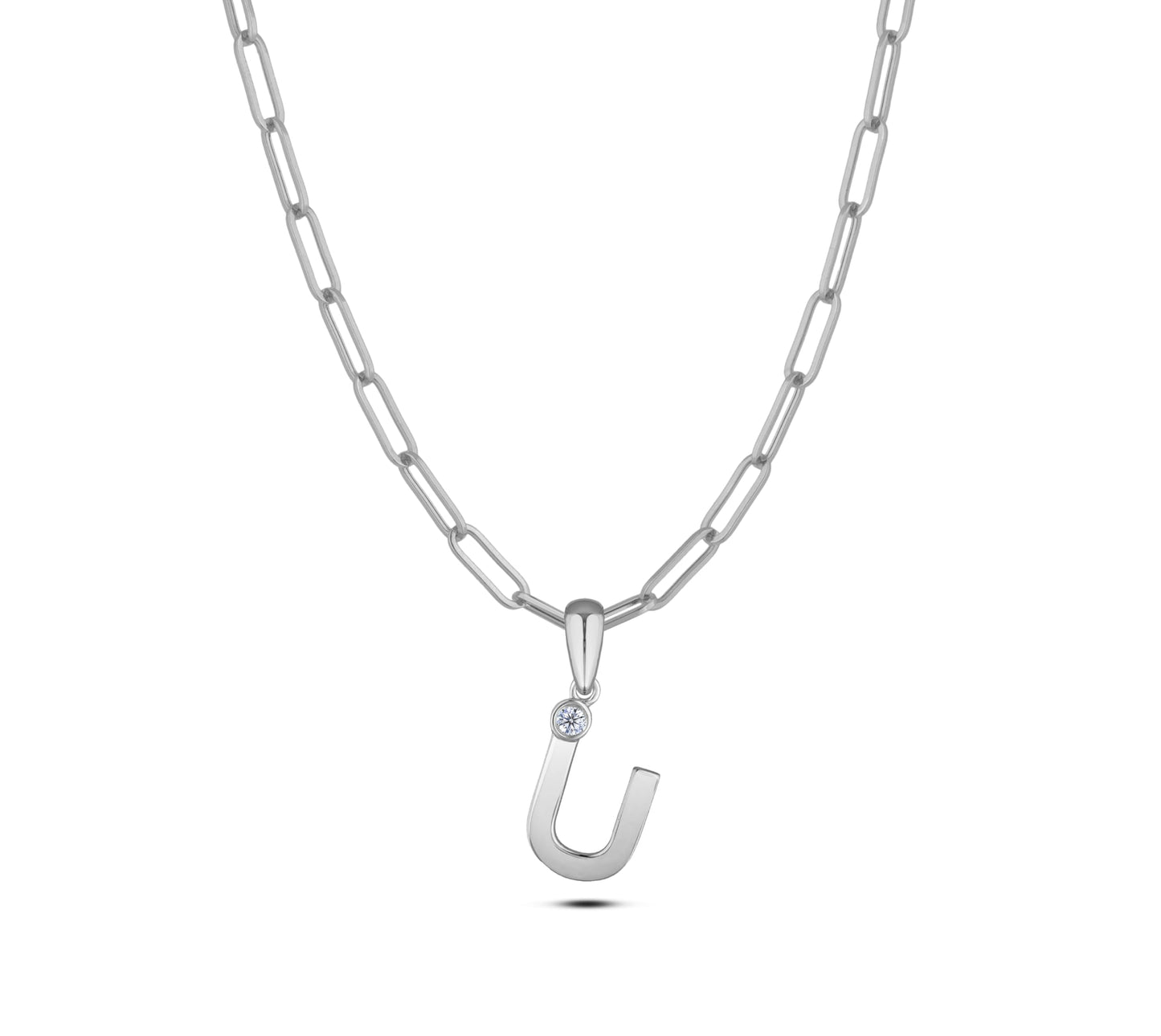 Sterling silver Canadian diamond pendant necklace featuring a black style letter U design, displayed on a matching silver paperclip chain.
