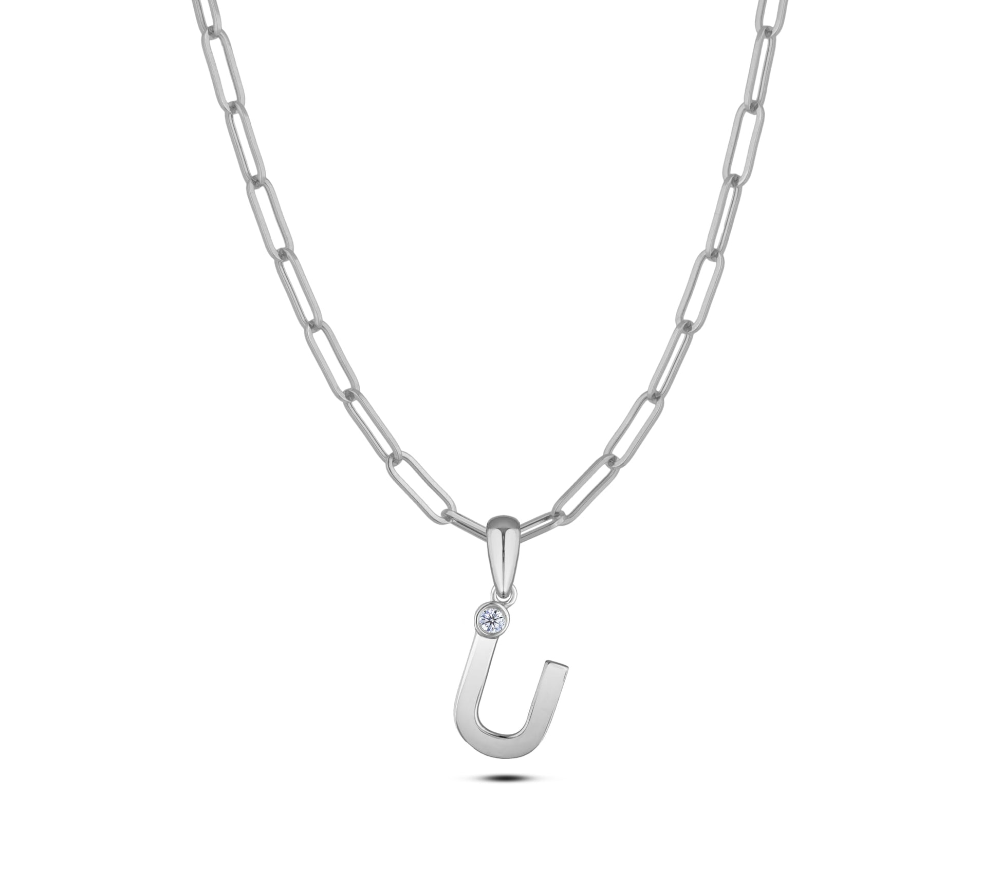 Sterling silver Canadian diamond pendant necklace featuring a black style letter U design, displayed on a matching silver paperclip chain.
