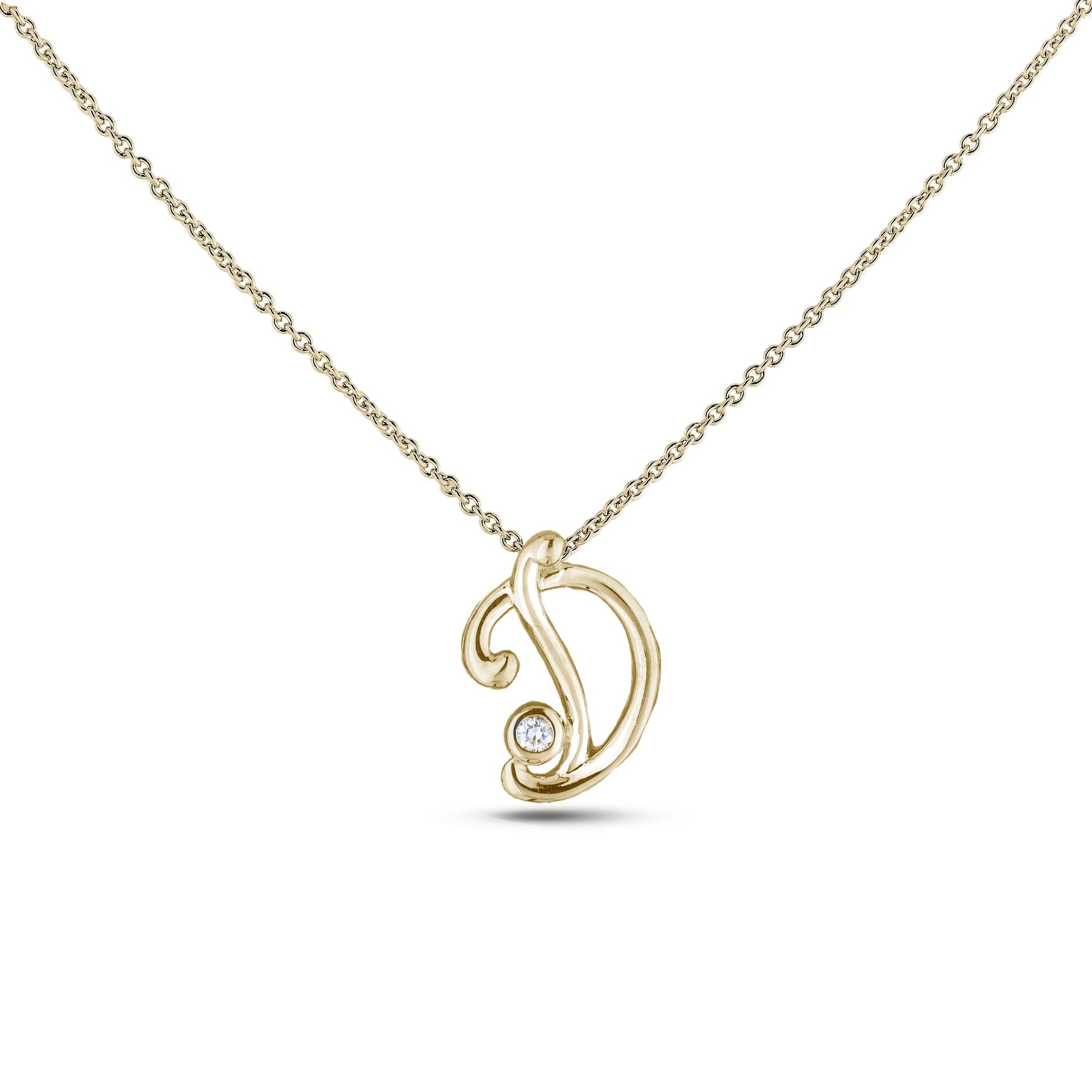 Yellow Gold Canadian diamond pendant necklace featuring a script alphabet letter D design, displayed on a matching silver rolo chain.

