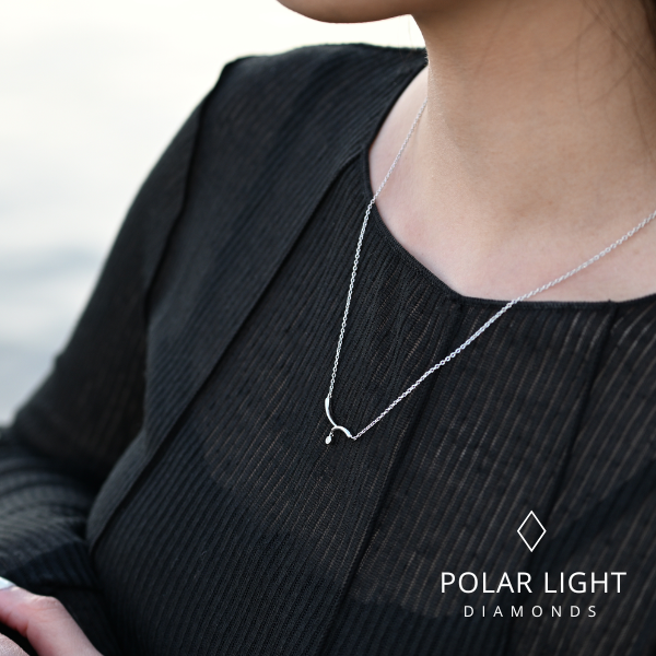 Model wearing a sterling silver curved bar necklace with a single Canadian diamond accent, featuring the Polar Light Diamonds brand logo.
