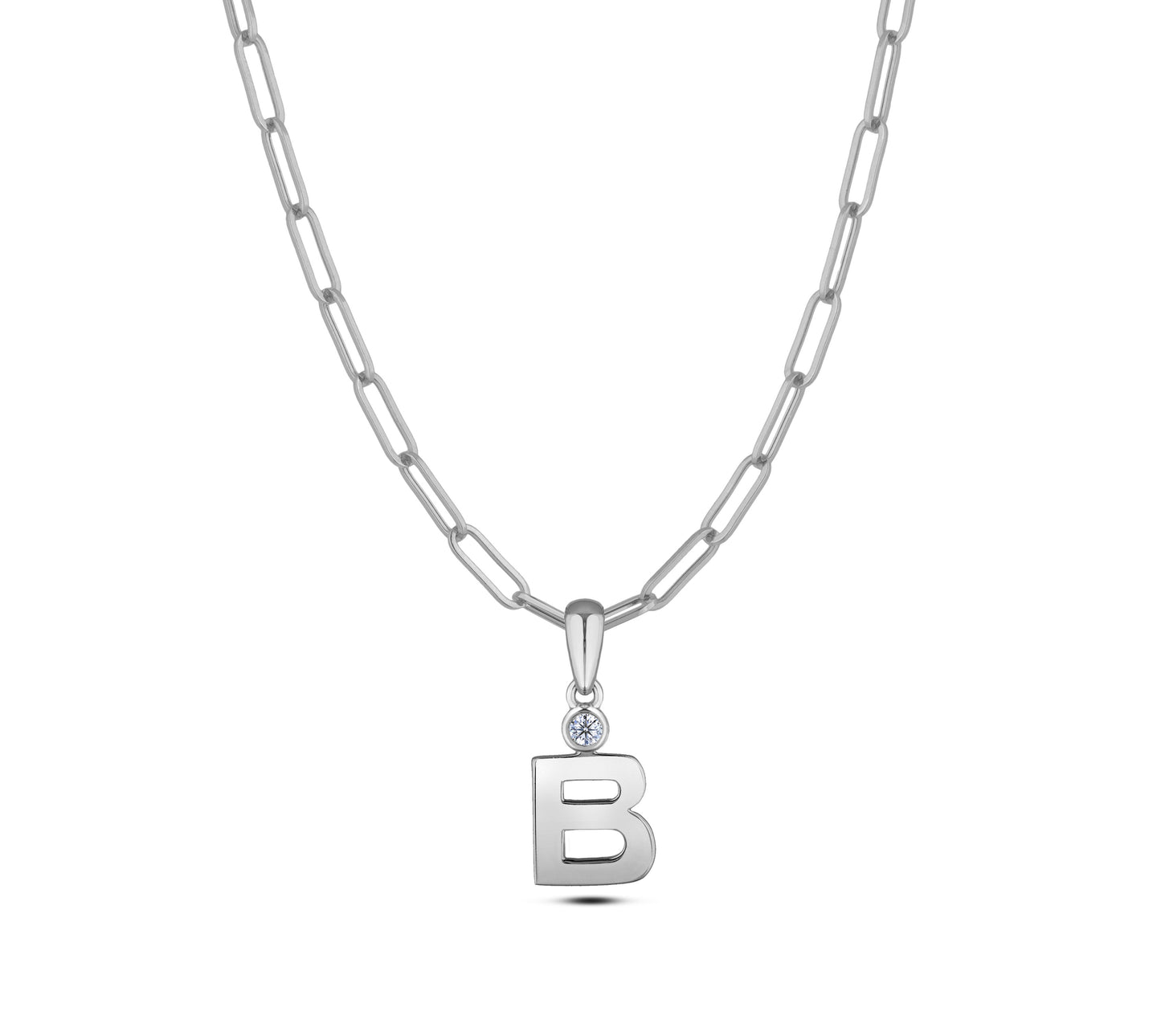 Sterling silver Canadian diamond pendant necklace featuring a black style letter B design, displayed on a matching silver paperclip chain.
