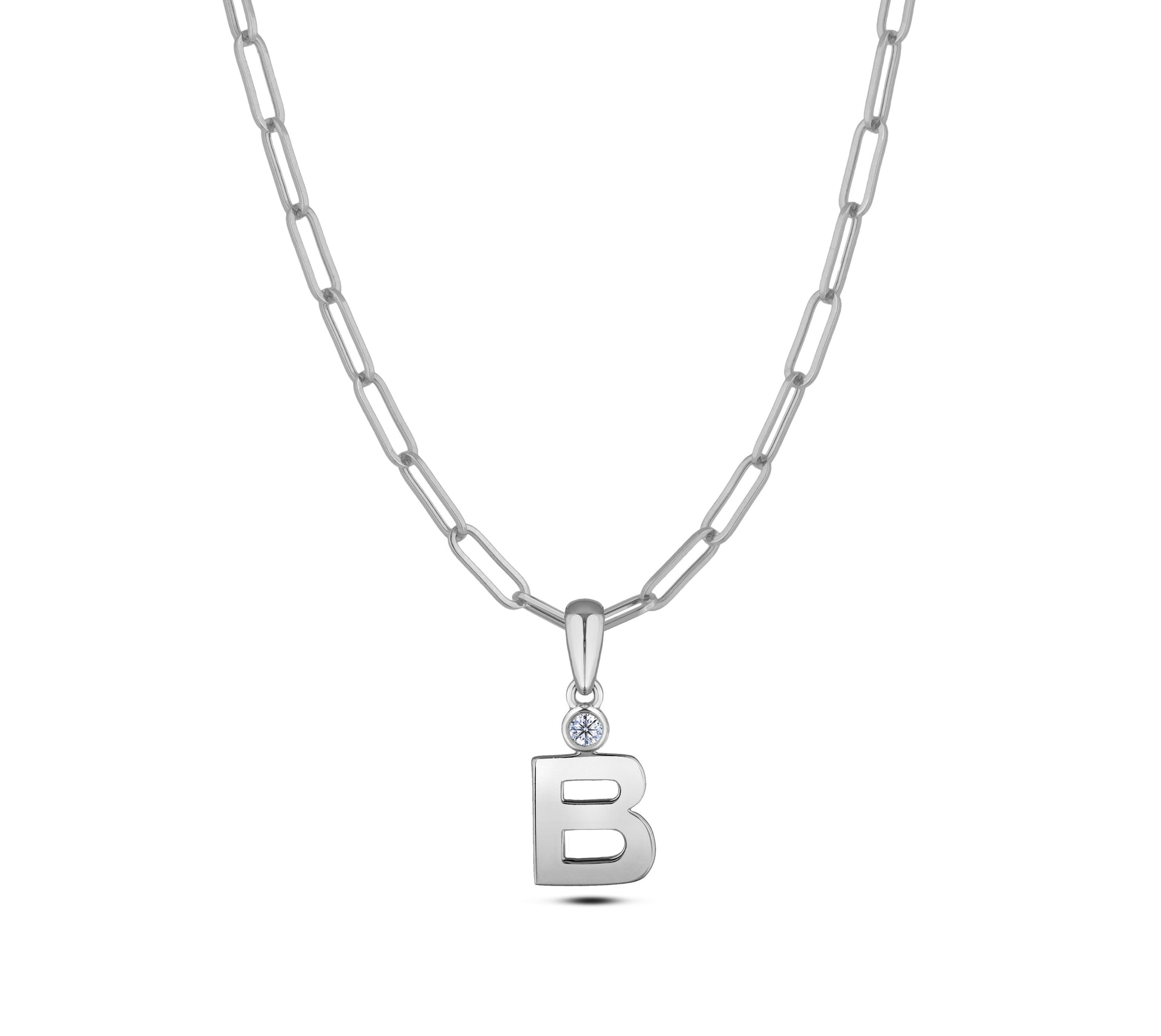 Sterling silver Canadian diamond pendant necklace featuring a black style letter B design, displayed on a matching silver paperclip chain.
