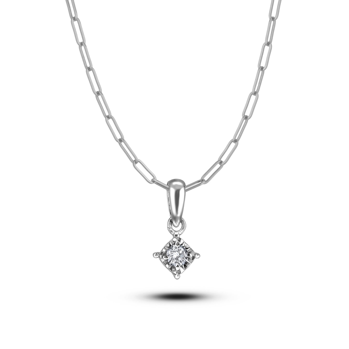 925 Sterling Silver 0.05 Ct Natural Canadian Diamond Miracle-Set Solitaire Pendant & Paperclip Chain