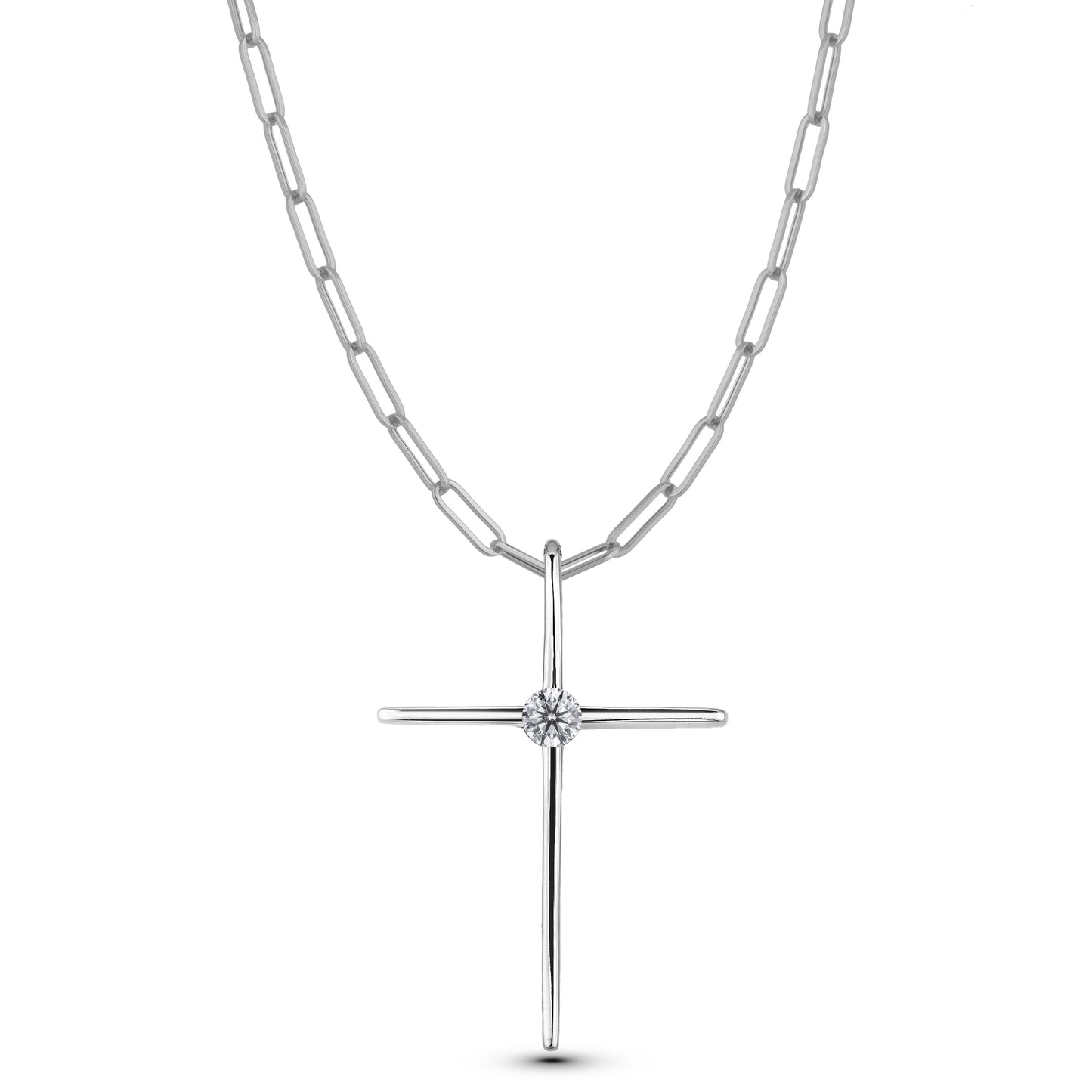 925 Sterling Silver 0.12 Ct Natural Canadian Diamond Solitaire Thin Cross Pendant & Paperclip Chain