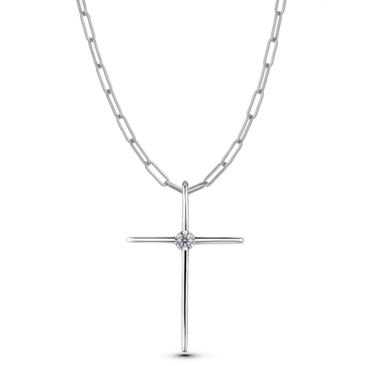 925 Sterling Silver 0.12 Ct Natural Canadian Diamond Solitaire Thin Cross Pendant & Paperclip Chain