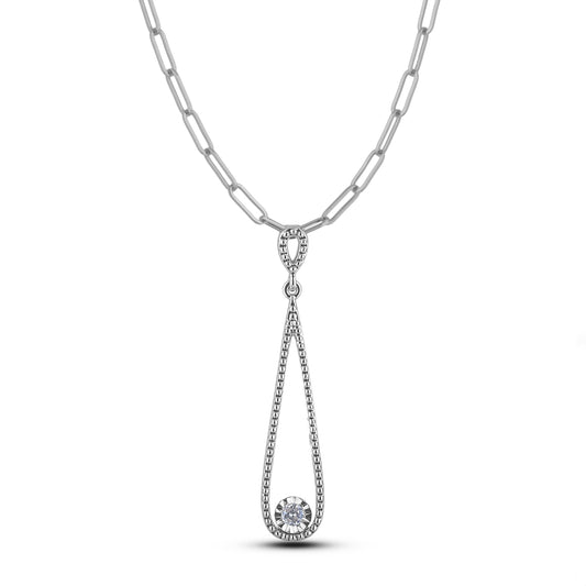 925 Sterling Silver 0.06 Ct Natural Canadian Diamond Droplet Pendant & Paperclip Chain
