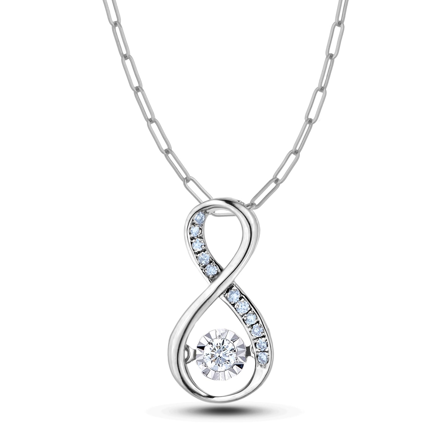 0.13 carat total weight Canadian diamonds on a 925 sterling silver vertical infinity pendant with paperclip chain.