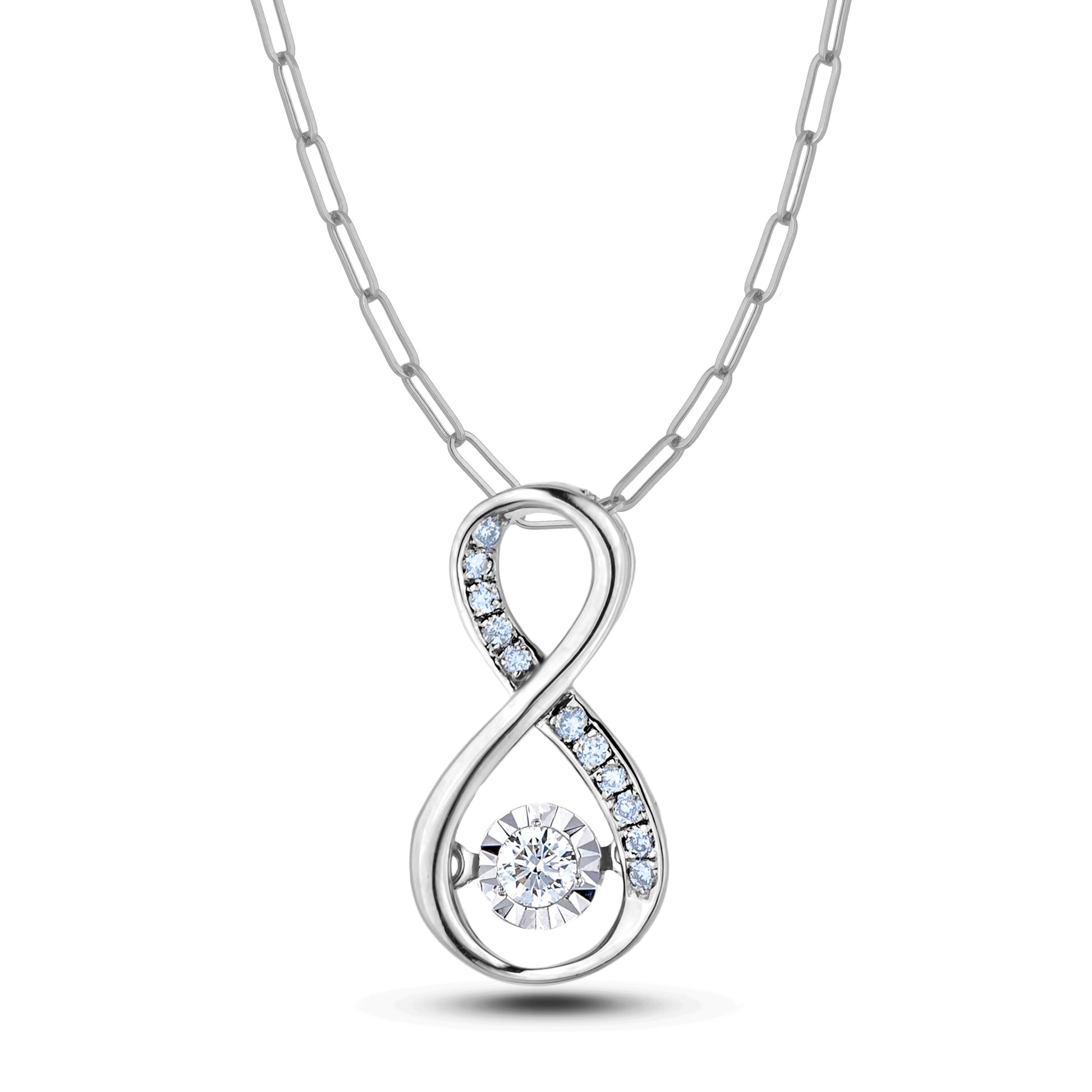0.13 carat total weight Canadian diamonds on a 925 sterling silver vertical infinity pendant with paperclip chain.