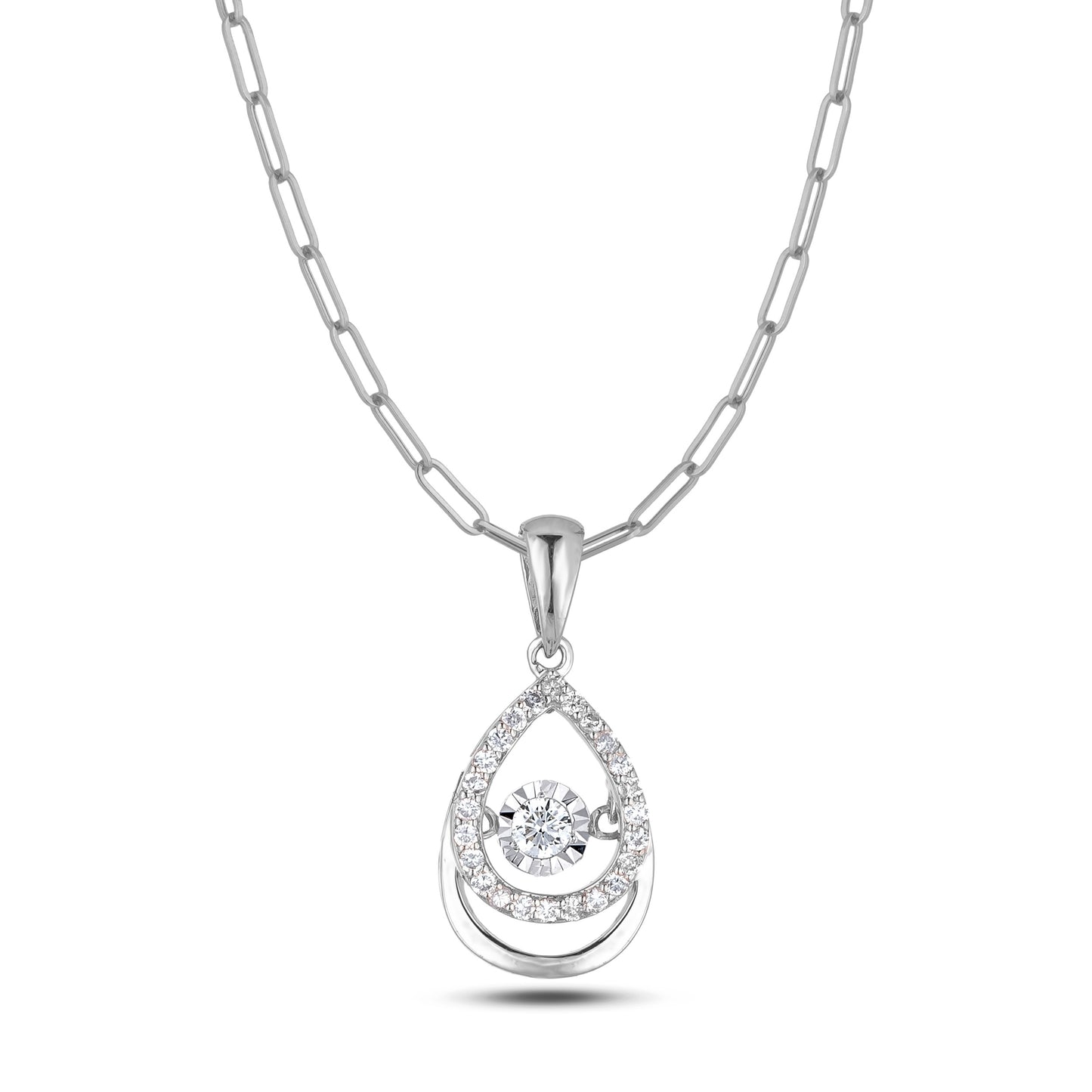 925 Sterling Silver 0.21 Cttw Canadian Diamond Droplet Pendant and Paperclip Chain with Center Dancing Diamond