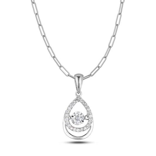 925 Sterling Silver 0.21 Cttw Canadian Diamond Droplet Pendant and Paperclip Chain with Center Dancing Diamond