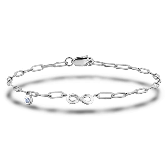925 Sterling Silver 0.03 Ct Natural Canadian Diamond and Infinity Chain Paperclip Bracelet