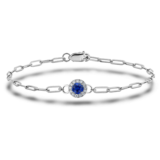 925 Sterling Silver Sapphire and Canadian Diamond Halo Paperclip Bracelet