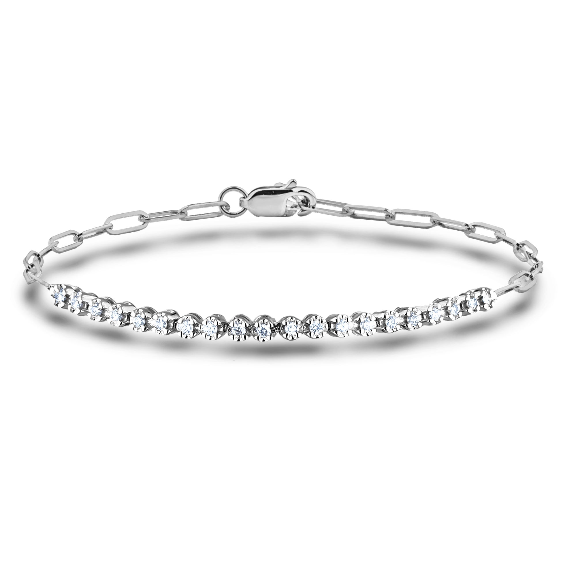 925 sterling silver half-tennis paperclip bracelet featuring 0.22 carat total weight of natural Canadian diamonds. One half of the bracelet is shimmering diamonds, and the other half consists of high-polish paperclip links. Includes a secure lobster clasp and fits a 7.5-inch wrist.