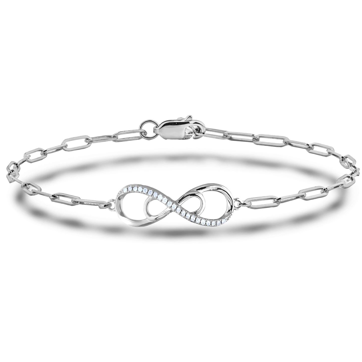 925 Sterling Silver 0.15 Ctw Natural Canadian Diamond and Infinity Symbol Chain Paperclip Bracelet