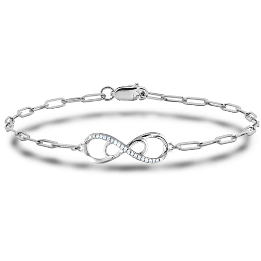 925 Sterling Silver 0.15 Ctw Natural Canadian Diamond and Infinity Symbol Chain Paperclip Bracelet