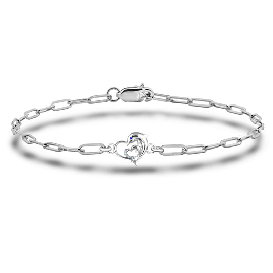 925 Sterling Silver Natural Canadian Diamond Dolphin Heart Paperclip Bracelet