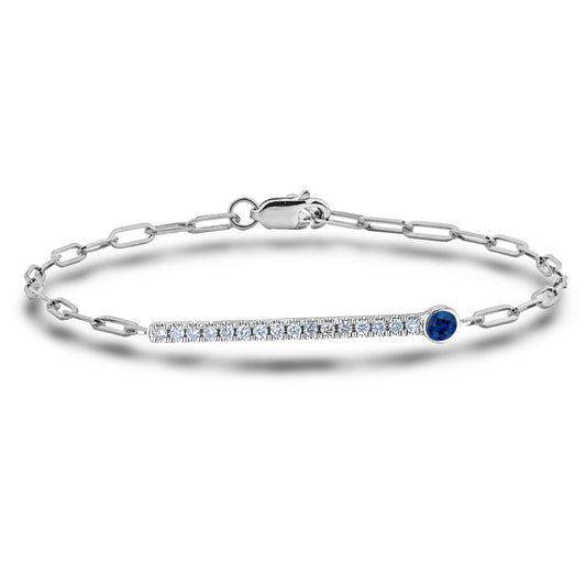 925 Sterling silver paperclip bracelet with lobster clasp featuring a bar design with natural 0.24 carat total weight Canadian diamonds and 0.13 carat sapphire, fits wrist size 7.5 inches.