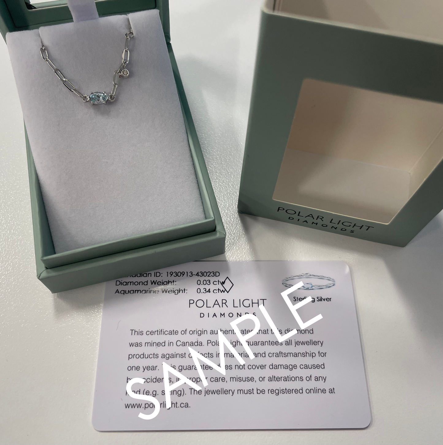 925 Sterling Silver 6x4MM Natural Aquamarine and Canadian Diamond Paperclip Bracelet with packaging and Canadian ID card