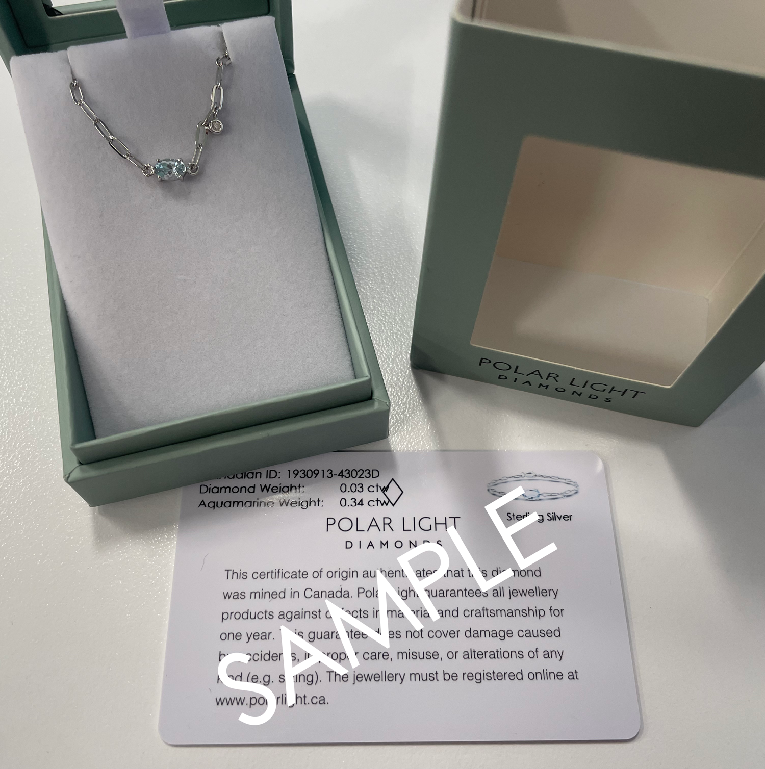 925 Sterling Silver 6x4MM Natural Aquamarine and Canadian Diamond Paperclip Bracelet with packaging and Canadian ID card