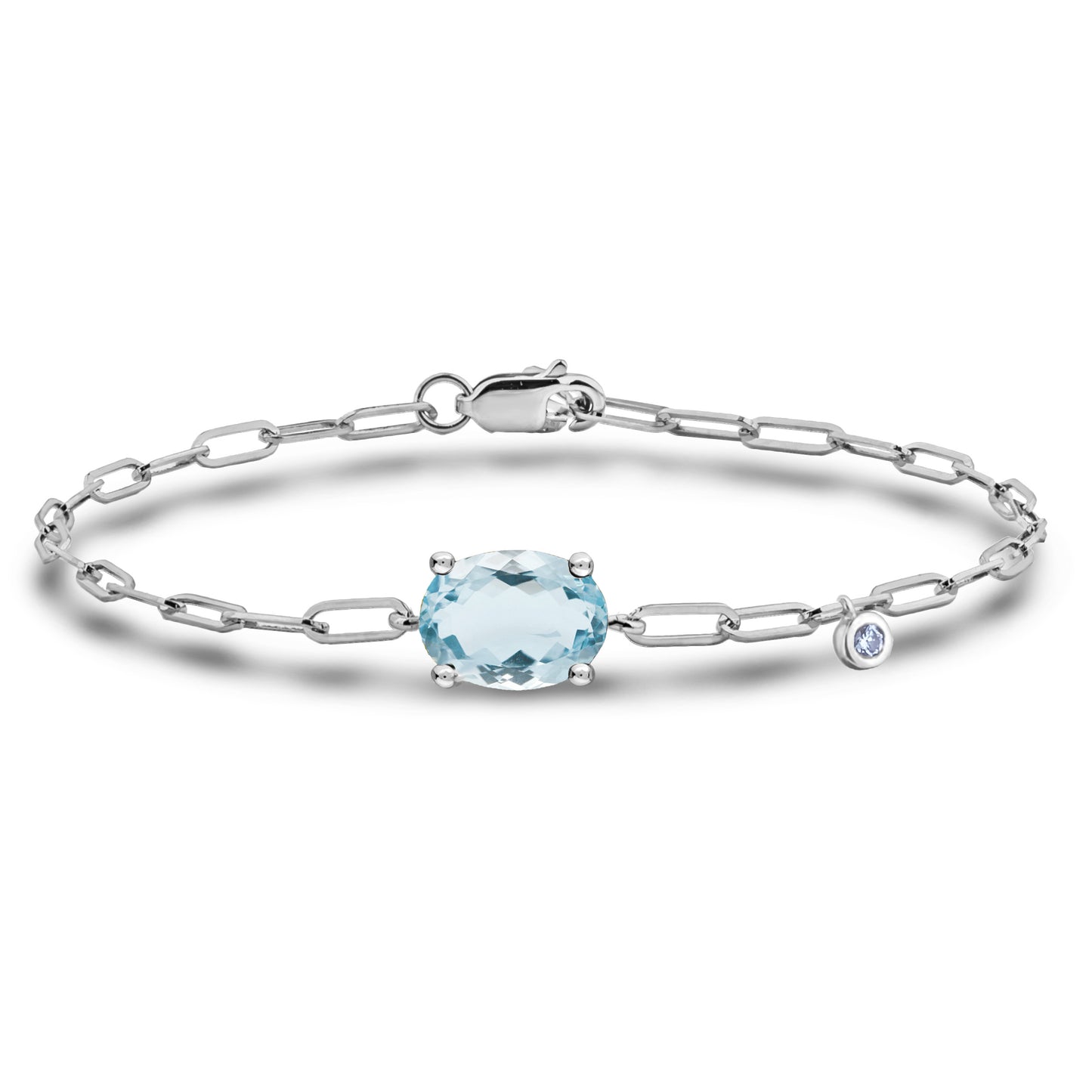925 Sterling Silver 6x4MM Natural Aquamarine and Canadian Diamond Paperclip Bracelet