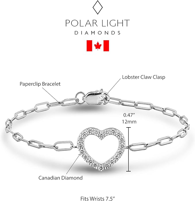 925 sterling silver heart shaped Canadian diamond paperclip bracelet with secure lobster claw clasp, length 7.5 inches.