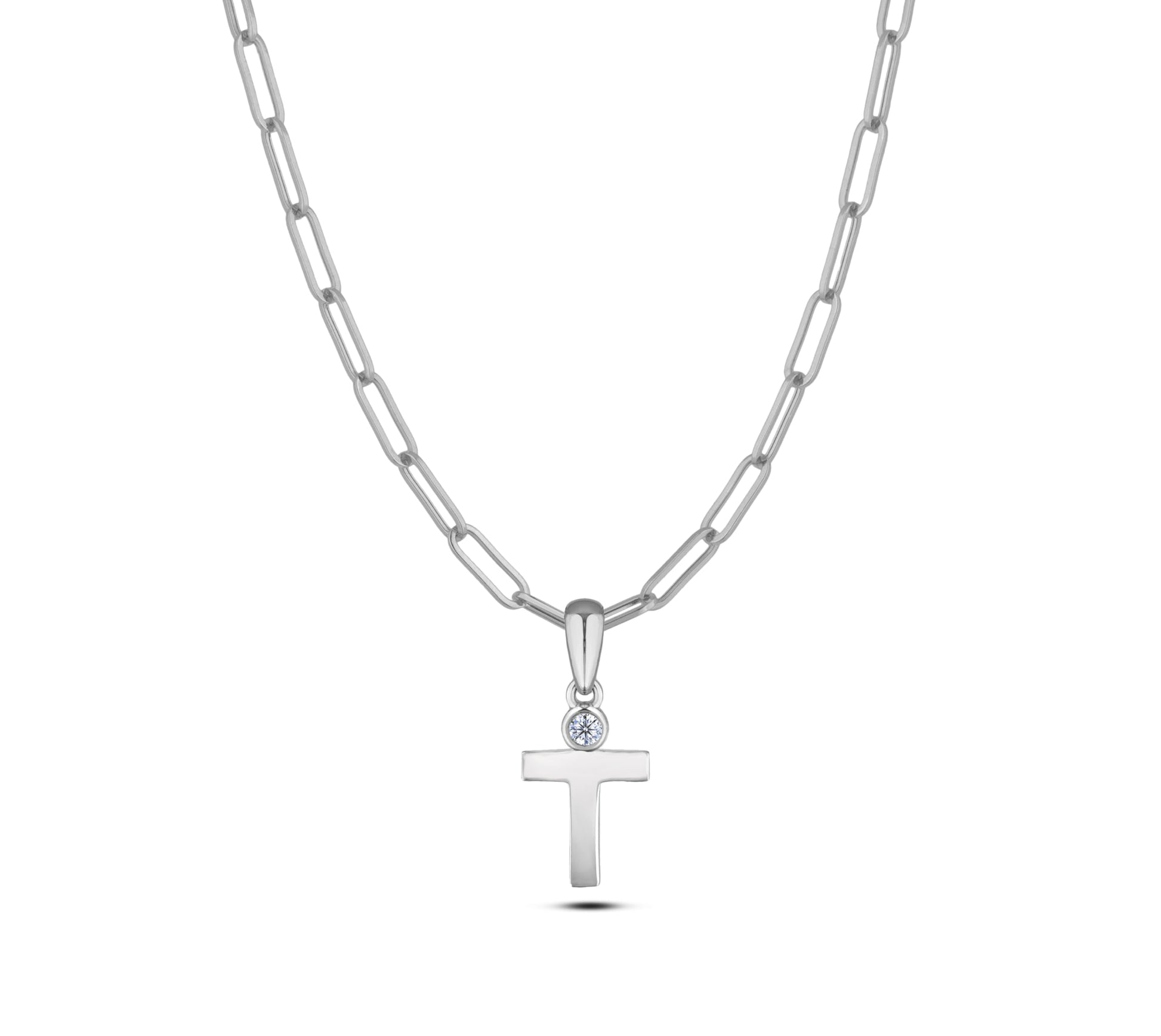 Sterling silver Canadian diamond pendant necklace featuring a black style letter T design, displayed on a matching silver paperclip chain.

