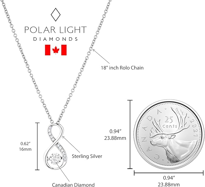 Silver necklace infinity diamond pendant with quarter measurements.