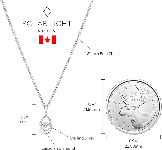 Polar Light Diamonds dangle necklace with center dancing diamond with measurements and a Canadian 25-cent coin for scale.