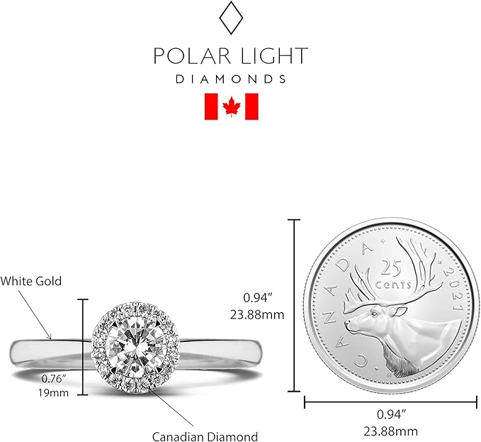 Diamond halo engagment ring next to a Canadian quarter for size comparison, with Polar Light Diamonds branding.