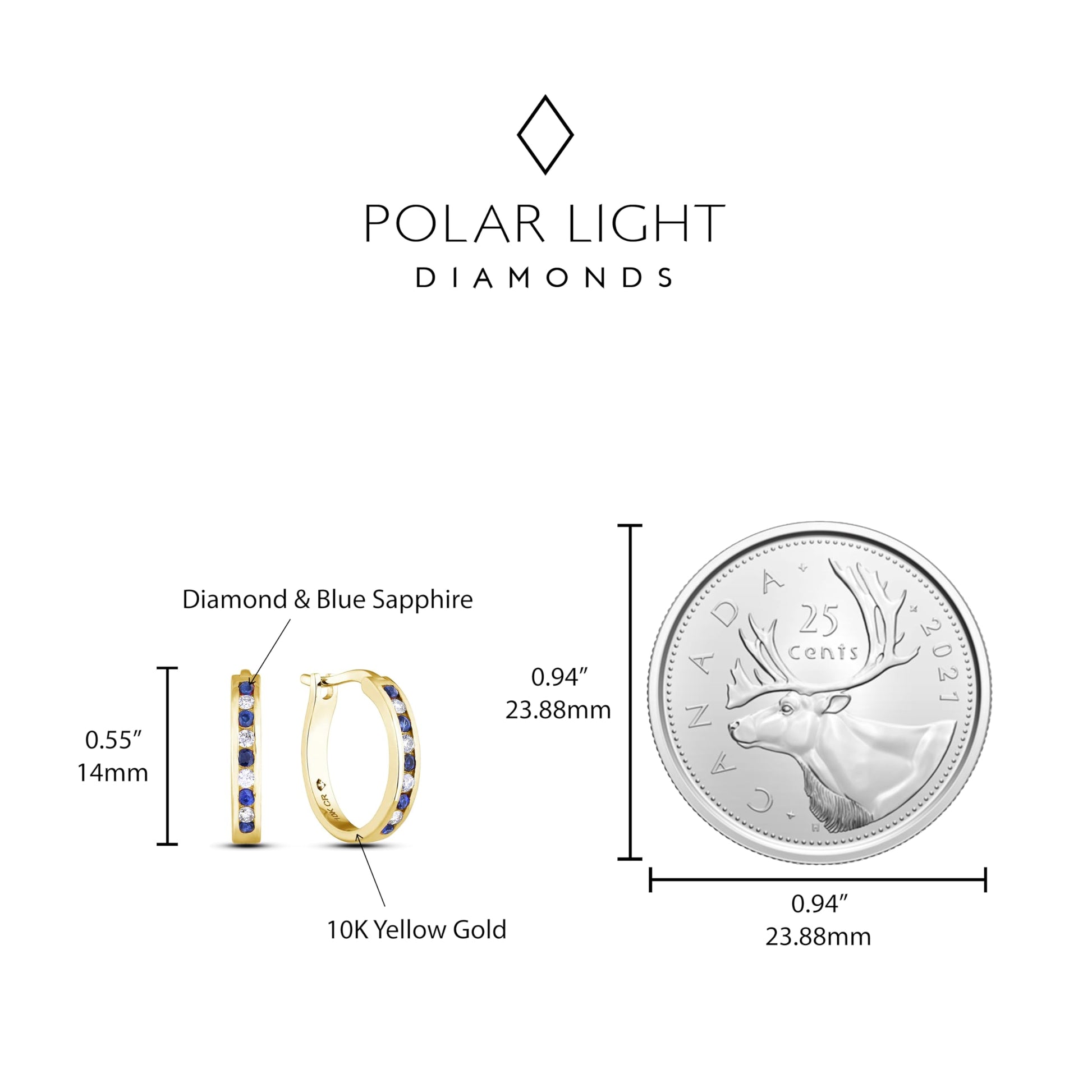 Size comparison of 10K yellow gold hoop earrings featuring channel-set Canadian diamonds and blue sapphires, placed next to a Canadian quarter. This reference shot shows the scale of the earrings against the 23.88mm coin, highlighting the delicate, everyday size of the jewelry.