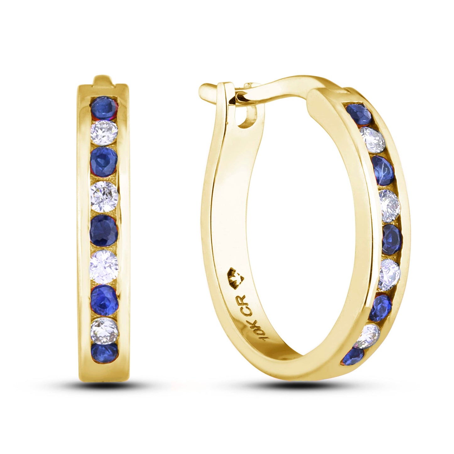 A pair of 10K yellow gold huggie hoop earrings featuring an alternating channel-set design of 1/6 Cttw blue sapphires and 1/10 Cttw natural Canadian diamonds. The earrings are designed with a secure latch back post for a comfortable, seamless fit.