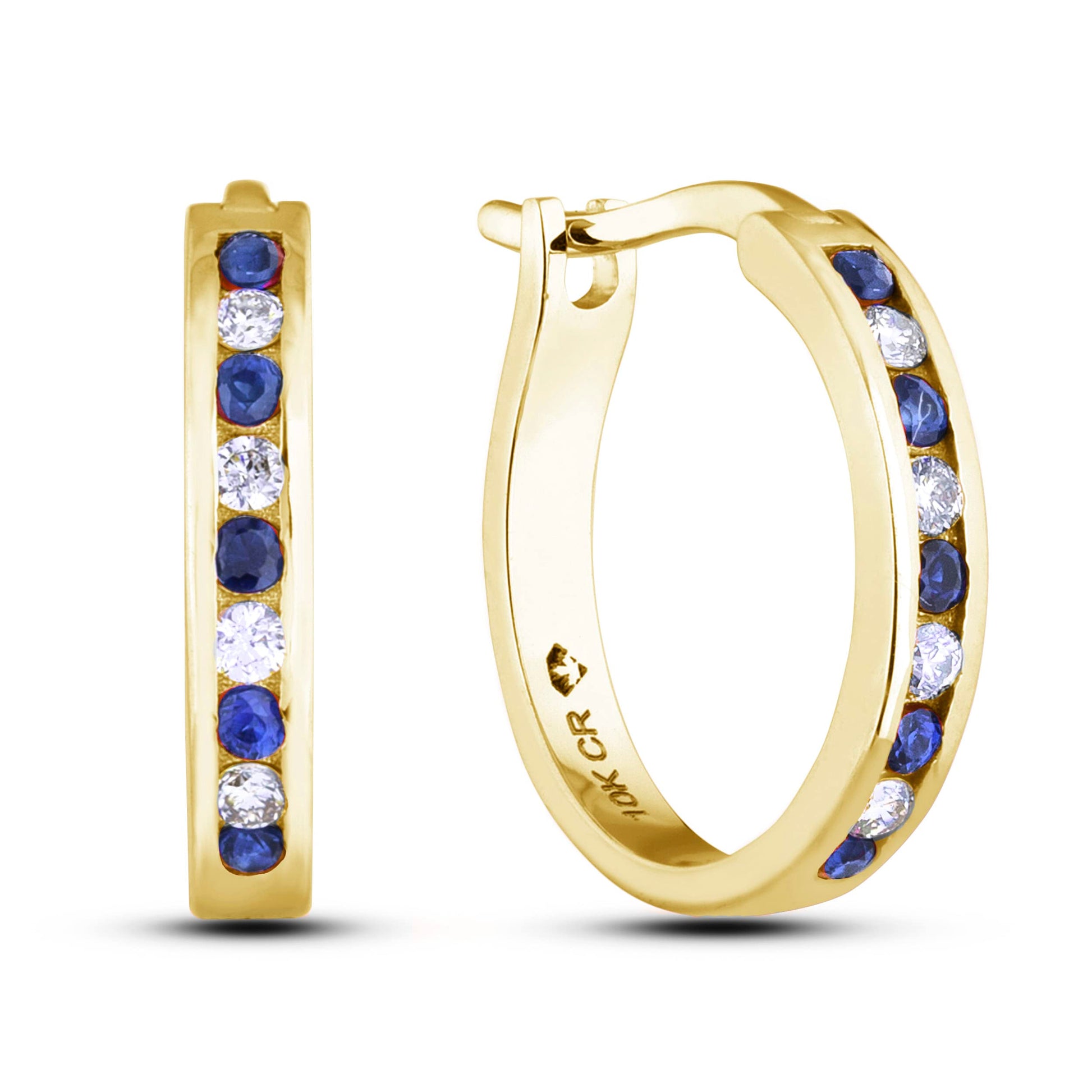 A pair of 10K yellow gold huggie hoop earrings featuring an alternating channel-set design of 1/6 Cttw blue sapphires and 1/10 Cttw natural Canadian diamonds. The earrings are designed with a secure latch back post for a comfortable, seamless fit.