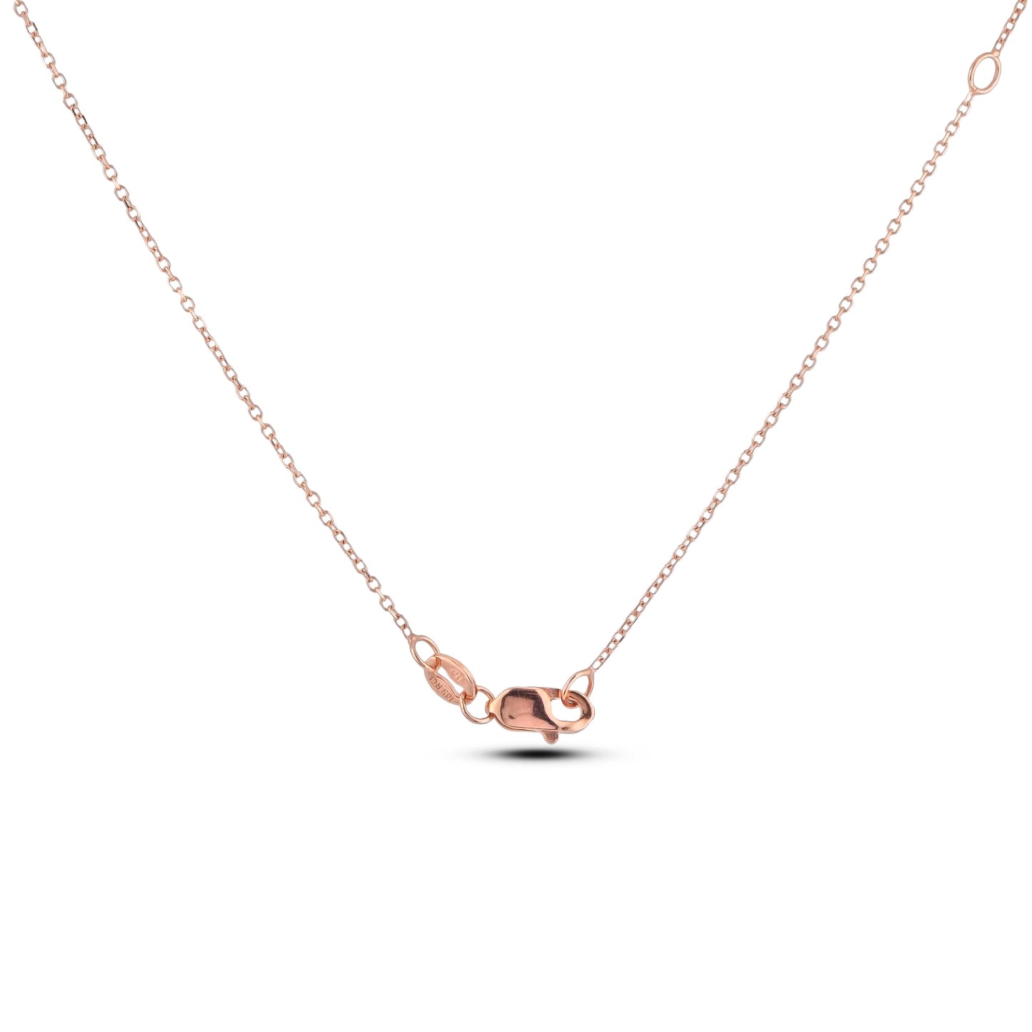 The back of the rose gold chain displaying the lobster clasp featuring two rings for length adjustments at 16 and 18 inch.