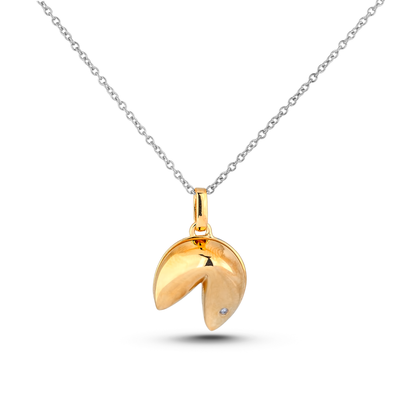 Gold plated Sterling silver fortune cookie charm with Canadian diamond hanging on a sterling silver rolo chain against a white background.
