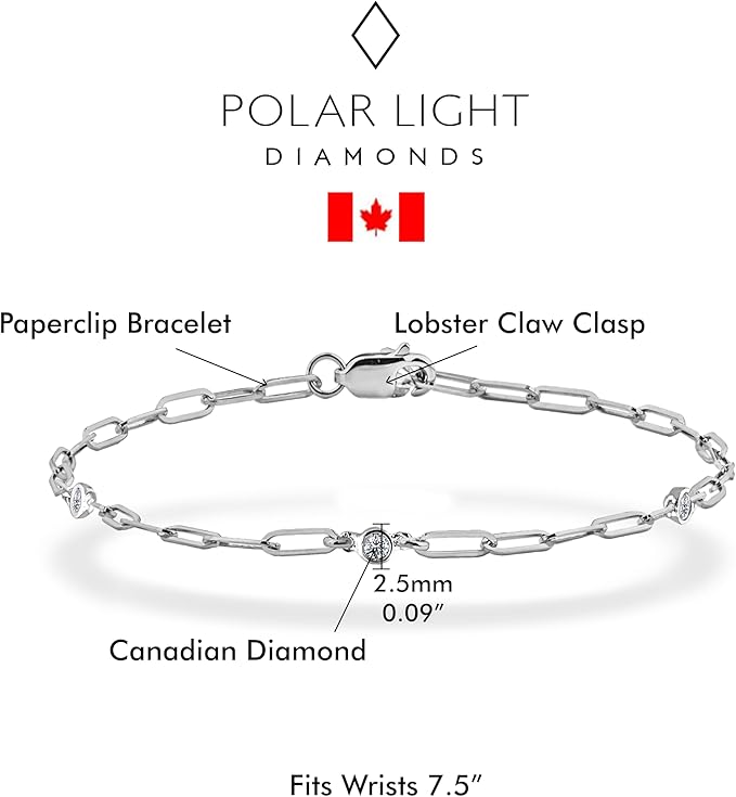 925 Sterling Silver 0.02 Ct Natural Canadian Diamond Moon Paperclip Bracelet