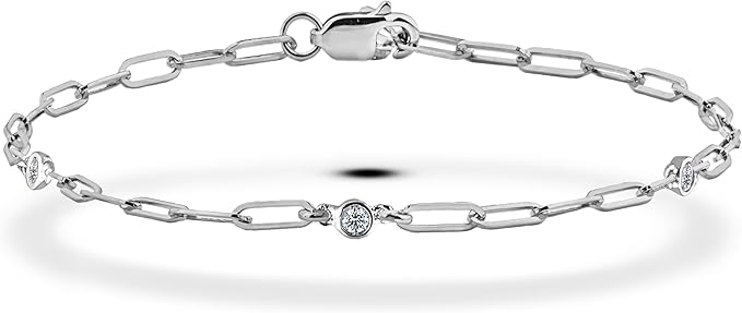 925 Sterling Silver 0.02 Ct Natural Canadian Diamond Moon Paperclip Bracelet