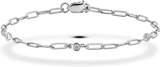 925 Sterling Silver 0.02 Ct Natural Canadian Diamond Moon Paperclip Bracelet