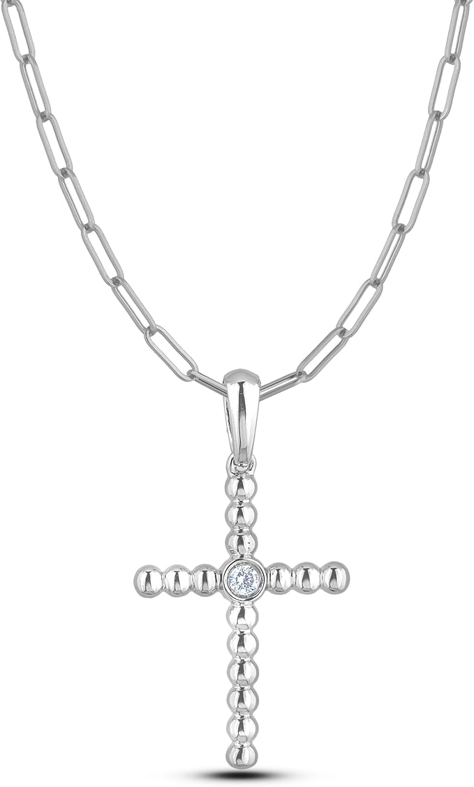 925 Sterling Silver 0.03 Ct Natural Canadian Diamond Bubble Cross Pendant & Paperclip Chain