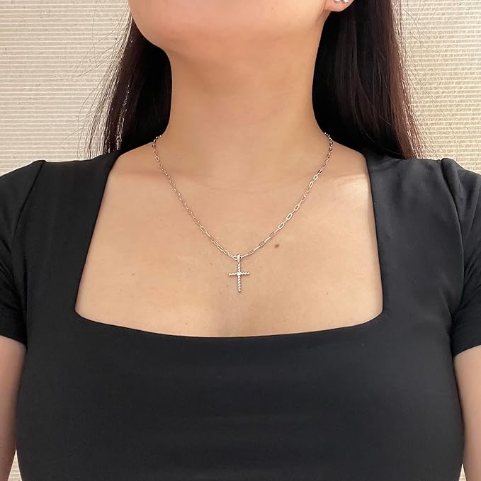 925 Sterling Silver 0.03 Ct Natural Canadian Diamond Bubble Cross Pendant & Paperclip Chain