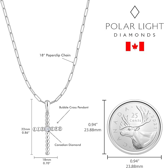 925 Sterling Silver 0.03 Ct Natural Canadian Diamond Bubble Cross Pendant & Paperclip Chain