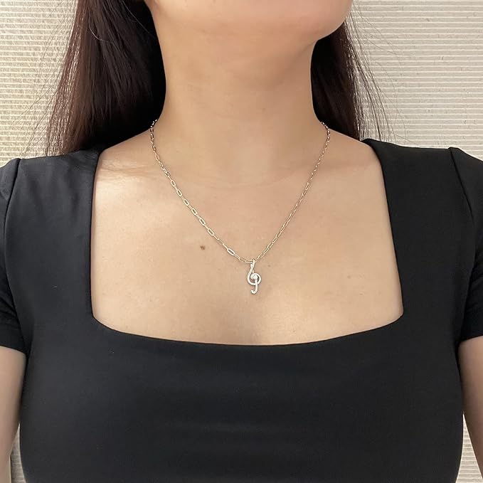 925 Sterling Silver 0.03 Ct Natural Canadian Diamond Treble Clef Musical Note Pendant & Paperclip Chain