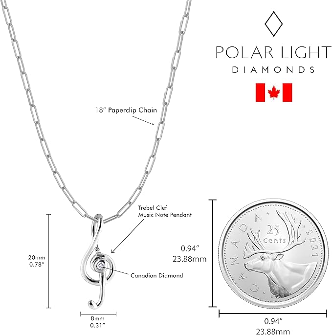 925 Sterling Silver 0.03 Ct Natural Canadian Diamond Treble Clef Musical Note Pendant & Paperclip Chain