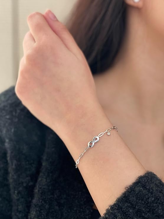 925 Sterling Silver 0.03 Ct Natural Canadian Diamond and Infinity Chain Paperclip Bracelet